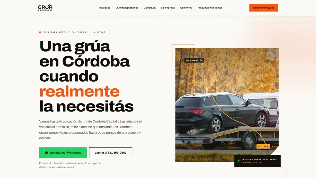 Diseño web one page para servicio de grúa en Córdoba
