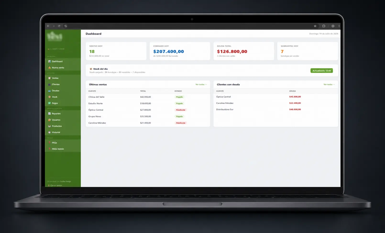 Dashboard de sistema web para gestionar ventas, stock, clientes, pagos y producción de una empresa de alimentos
