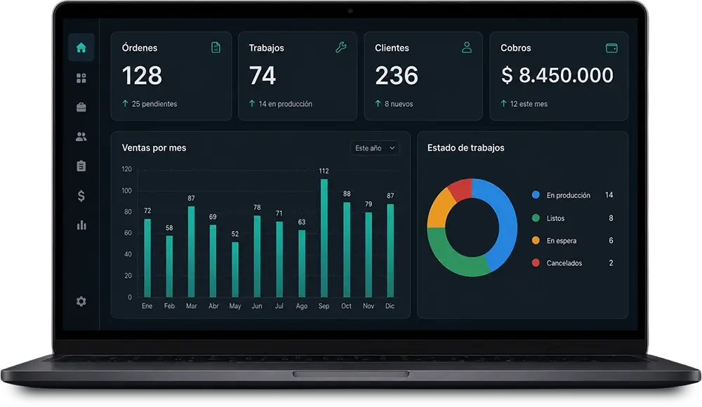 Notebook con dashboard de gestión para órdenes, trabajos, clientes, cobros y reportes