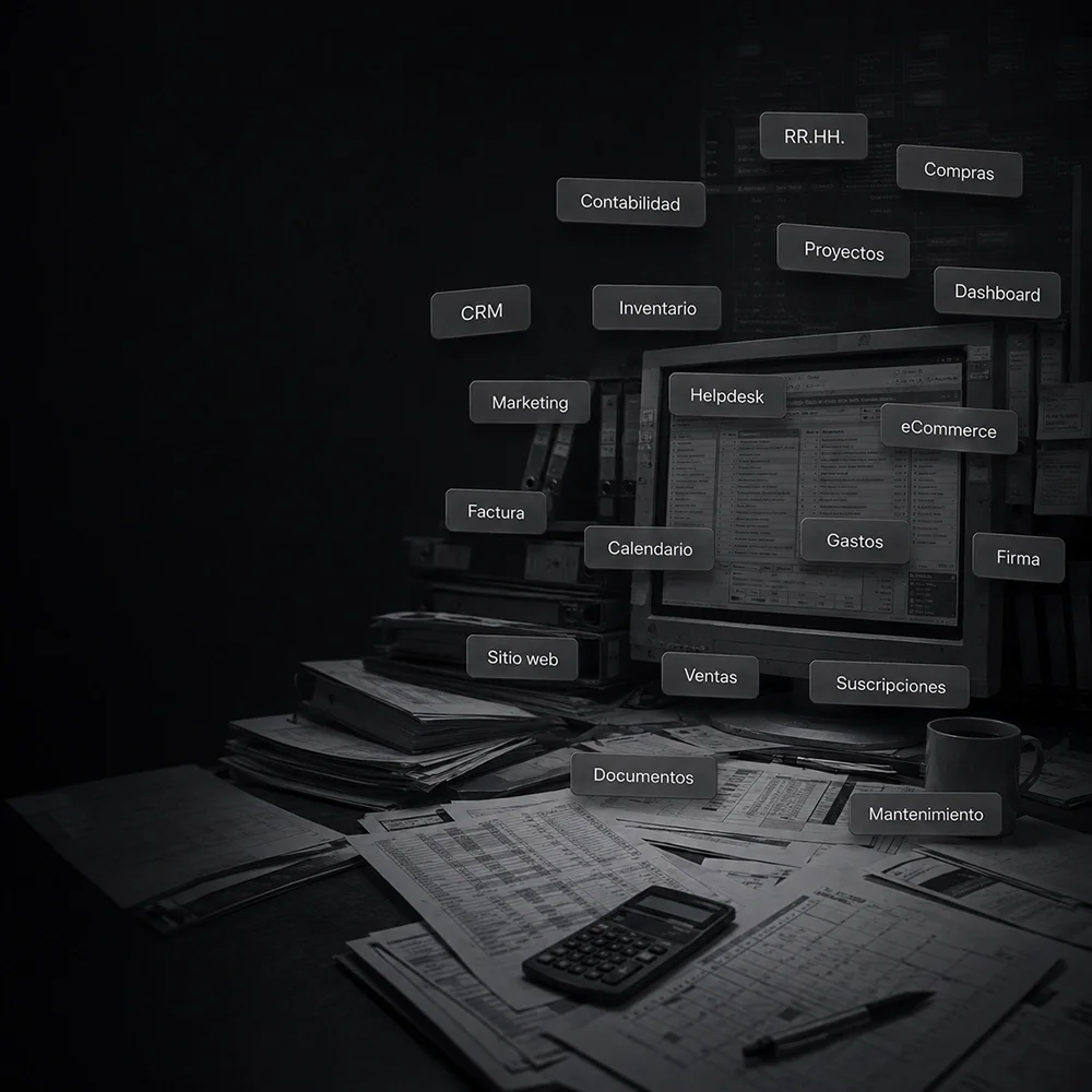 Escritorio saturado de planillas y herramientas de software genérico desconectadas